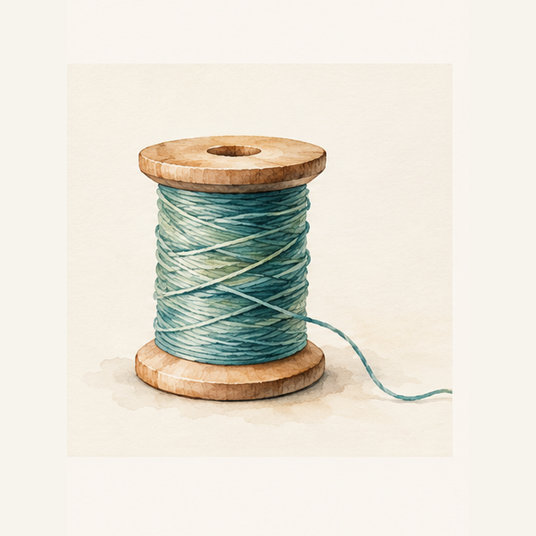 Turquoise thread spool representing research and references